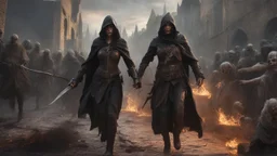 a female sorcerer in black cloth leading an army of rotting zombies through a burning medieval city. magic. fantasy setting. armor melted into the skin. blood. intense horror. blind terror. scared to death. a masterpiece, fantasy concept art, dynamic lighting, hyperdetailed, intricately detailed, deep color, Unreal Engine, volumetric lighting, Epic cinematic brilliant stunning intricate meticulously detailed dramatic atmospheric maximalist digital matte painting