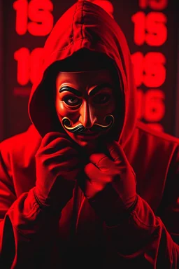 A mysterious man in a dramatic, low-light setting, wearing a red hooded jumpsuit and gloves. He holds a Salvador Dalí–style mask in front of his face, revealing only one intense eye through the shadows. The mask has exaggerated features with a curled mustache, symbolizing secrecy and rebellion. The deep red tones dominate the scene, with soft highlights accentuating the folds of his hood and gloves. In the blurred background, glowing red numbers add an ominous and coded atmosphere. The overall m