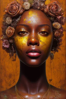 an abstract painting of rusted metal and flowers, african portrait, rust, scaffolding, iron cladding, decay, mixed media, textured, anatomically correct, beautiful perfect face, sharp focus, highly detailed