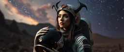 portrait of space gypsy vampire astronaut, sexy one, holding her helmet in lap, goa trance halloween glam rock soul opera, explorer new frontier, meeting with two new races beyond our star system