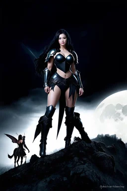 A BEAUTIFUL GIRL, BLACK LONG HAIRED, BIG BUB, NICE BODY, DRESSED A BLACK ARMOUR, WARRIOR AND AMAZON WOMAN, STAY ON TOP OF MPOUNTAIN, MOONSHINE AND FAIRY TURN AROUND HER, DARK NIGHT BACKGROUND,
