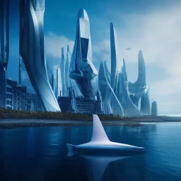 Futuristic City by the sea, beluga in the sea + cinematic shot + photos taken by ARRI, photos taken by sony, photos taken by canon, photos taken by nikon, photos taken by sony, photos taken by hasselblad + incredibly detailed, sharpen, details + professional lighting, photography lighting + behance photographys + unsplash