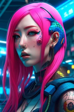 japan mermaid cyberpunk some scales on face pink hair