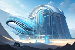 One massive futuristic greenhouse structure on a dune landscape with no vegetation from far away.