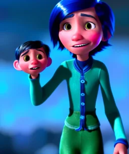 Coraline Jones, one person, dynamic lighting, hyper realistic, bright colors, button eyes, sad faces