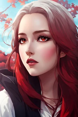mysterious youthful Russan female, man, dark and intriguing, confident, intense, handsome, anime style, retroanime style, red long hairs, white woman