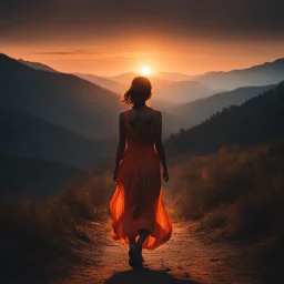 dark night, watching a woman from behind wearing a sleeveless dress who is walking towards a beautiful orange sunrise in the distance, mountains and forests around, photo quality, dark orange glow