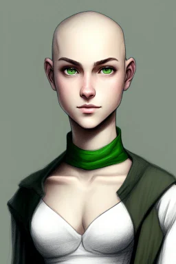 full length colour drawing, portrait, 22-year old friendly female human cleric, shaved head, light eyebrows, grey eyes, wearing white (10%) and dark green (80%)