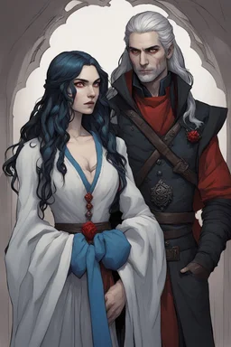 A couple, from the dnd game curse of Strahd. The woman has long white hair and blue eyes, the man has LONG BLACK hair and red eyes, no facial hair.