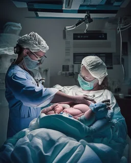 image of two doctors in a hospital surgical theatre holding a newborn baby