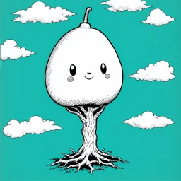 Make black and white cute drawing of a Magic Bean with black bold lines. Show a giant bean big as a tree, sprouting into a magical, spiraling beanstalk reaching into the clouds.