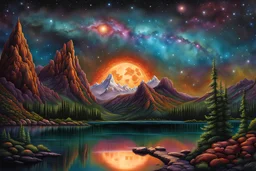 by the lake, on an alien world, within the Orion Nebula, by night, the nebula gas clouds and stars visible in the sky, and reflected in the water, alien otherworldly plant life :: extremely detailed, intricate, photorealistic, beautiful, high detail, high definition, pencil sketch, deep color, watercolor, award winning, crisp quality