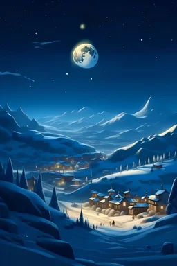 Adventure party hilltop overlooking snow covered town base of mountains night with full moon