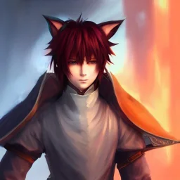 final fantasy 14, final fantasy, detailed anime boy, crimson red hair, wolf ears protruding out, orange colored eyes, white trench coat, intricate details, full body portrait, keep head in frame, slight smile with a single fang exposed, black Japanese motif, concept art, highly detailed, digital painting, concept art, sharp focus, illustration, art by Yoji Shinkawa, WLOP and greg rutkowski and alphonse mucha and artgerm and yanjun Chen and Junji ito and Makoto Shinkai, HDR, octane render