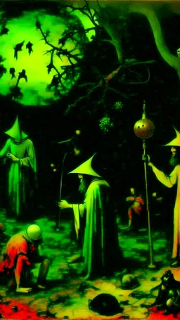 some mysterious figures, odd background, cinematic, Hieronymus Bosch, Max Ernst, vegetal life, rotten, ambient light, cry, ritual