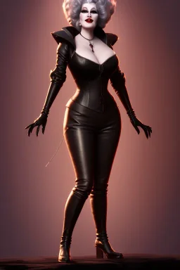 Mae West as evil queen in black leather, leather, busty, cleavage, angry, stern look. character design by cory loftis, fenghua zhong, ryohei hase, ismail inceoglu and ruan jia. unreal engine 5, artistic lighting, highly detailed, photorealistic, fantasy