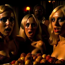 Horror movie shot, hot, ultra realistic, dine, horns, ultra realistic hot blonde women, party, pieces of meat, organs, hot dynamic, very excited people, hypermaximalist figures, light, 1970's Italian horror movie, sinister,, Dario Argento, Stanley Kubrik, ornate, 4k, photorealism