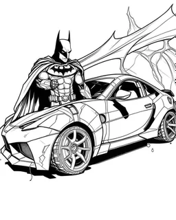 real massive batman attact to a car, coloring page, full body (((((white background))))), only use an outline., real style, line art, white, clean line art, white background, Sketch style.