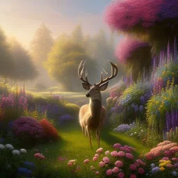 pixar style, volumetric summer garden environment and background, realistic painting of deer, looking excited, volumetric lighting, dramatic lighting, detailed digital painting, extreme dense and fine fur, anime, ornate, colour-washed colors, elegant, small minutiae, tiny features, particulars, centered, smooth, sharp focus, renderman gofur render, 8k, uhd, detailed eyes, realistic shaded volumetric lighting, sunlight caustics, backlight, centered camera view