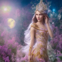 bright fairy, beautiful portrait of swedish beautiful girl, flowery a magical crystal flower lys bougainvillier, blue gold house indian palace castle in the woods, magnolias pink,blue lake,sun,white swanns,pink vertical, blue lake,sharp, vines, candlelit, endor, ornate, elegant, highly detailed, artstation, concept art, smooth, sharp focus, illustration, 8k, splash art, wallpaper, key visual