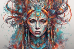 create an abstract expressionist full body illustration of a deeply spiritual, ethereal, darkly magical, epic nomadic tundra female shaman with highly detailed and deeply cut facial features, searing lines and forceful strokes, precisely drawn, boldly inked, with rich striking colors