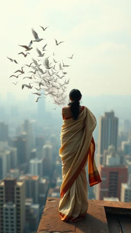 A symbolic, ethereal album cover. A woman in saree is shown from behind, standing at the edge of a city rooftop or a cliff. Her human silhouette begins to dissolve and transform into a flock of birds or ethereal feathers at the edges, carried away by a strong wind. The city below is blurred, the sky ahead is vast. It's about release and becoming. Style: Digital painting, photo-manipulation, magical realism, soft and powerful.