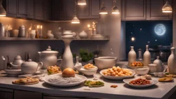 Hyper Realistic Iftar-Preparations on Kitchen-Counter with Ramadan Decorations inside home at night.