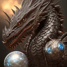 a gorgeous, stunning pewter necklace of a dragon with illuminescent moonstone, rustic wood table, crystal ball, 8k resolution, high-quality, fine-detail, photorealistic, intricate, digital art, detailed matte, volumetric lighting, illustration, 3D octane render, brian froud, howard lyon, selina french, anna dittmann, annie stokes, lisa parker, greg rutowski, George Grie, Ben Goossens, Igor Morski