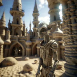 alien elf in castle in the desert, photo-realistic, shot on Hasselblad h6d-400c, zeiss prime lens, bokeh like f/0.8, tilt-shift lens 8k, high detail, smooth render, down-light, unreal engine, downlight