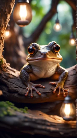 portrait of hairy rock frog living inside a tree house in a hollow huge tree growing light bulbs,bokeh like f/0.8, tilt-shift lens 8k, high detail, smooth render, down-light, unreal engine, prize winning