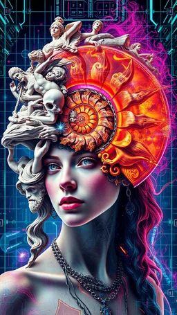 A surreal futuristic portrait of a woman with a spiral nautilus shell as her headpiece, blending vivid psychedelic colors and intricate patterns. Classical Greek and Roman sculptures surround her, emerging from the spiral like gods of mythology, Neuve,surreal vibe, abstrack geometri, absurd, multi eksposurBackground features a neon cyberpunk grid and abstract digital elements. Highly detailed, vibrant, dreamlike, sci-fi-meets-classical aesthetic, ultra HD, cinematic lighting.