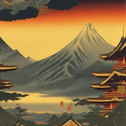 Ukiyo-e, mountains, sun