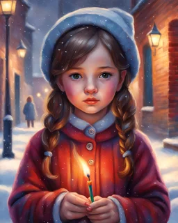 Match Girl, poor girl, oil pastel painting style, oil pastel painting, oil pastel art, close-up face, a little girl holds a lighted match in one hand, old knitted dress, adorable eyes, look at the camera, front view, brick wall and snowfall in the background, illustration, oil pastel painting, oil pastel painting style, colorful, vivid colors, high detail, high quality, 8k, masterpiece, best quality