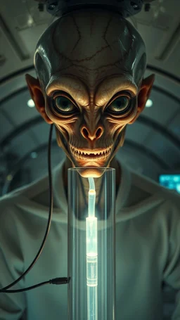 A hybrid human with creatures looks like alien face inside a laboratory transparent cylinder connected with many wires and small plastic tube to big machine inside a aliens space ship, 4k , high quality picture and dim lighting with small screen monitors