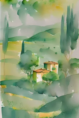 Create an abstract watercolor painting similar to this print https://desenio.com/p/posters-prints/photographs/green-landscape-in-tuscany/ using aspects of van Gogh's style. Make it shades of olive green with accents of gold, with a small amount of coordinating colors as well, but do not make the sky green. It should be vibrant and suggest some movement, but it should not look sloppy. It should not be only gold and green