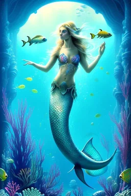 underwater, a mermaid, beautiful colors, fish, very fine detail, high quality, mystical, intricate, Neo-Impressionism, soft lighting, dream like,