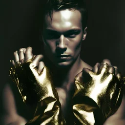 having a gold fashion gloves on his arms