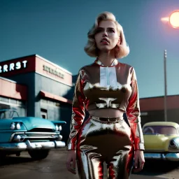 Ultra Realistic retro sci-fi, explosion Supermarket parking scene, 1960 year, blonde mastery woman, sweet scarlet Johansson face, perfect iris, glow eyes, face makeup, tight latex coat; many panic people, Retro sci-fi style, soft color, highly detailed, unreal engine 5, ray tracing, RTX, lumen lighting, ultra detail, volumetric lighting, 3d, finely drawn, high definition, high resolution.