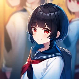 Clear focus,High resolution, black short fluffy hair, long fluffy bangs, and red eyes, Depressed girl, wearing a sailor uniform, Smug smile, half closed eyes, smile, Extreme close up,