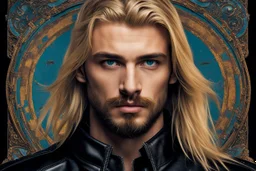 Hyperdetailed, 20-year-old german male, long blonde hair, wearing black leather jacket, neatly trimmed dark beard blue eyes