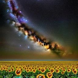 above a field of sunflowers the Milky Way curves in a summer sky digital art