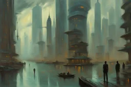 Futuristic city in a cloudy day, lake, people, sci-fi, cyberpunk influence, otto pippel impressionism painting