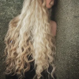 teen with long blond curly hair, real photo, soft lighting