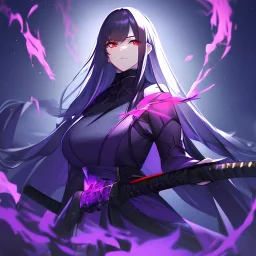 Clear Focus High resolution, black long hair, red eyes, holding glowing purple duel katanas, purple lighting in background, black and purple warrior outfit, serious face expression.