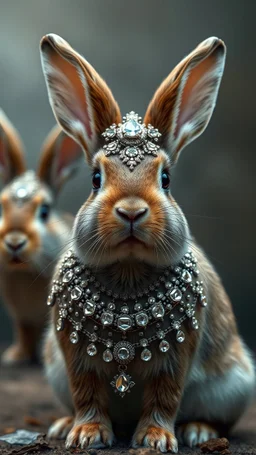 Rabbits wearing extremely detailed diamons and jewellery all over