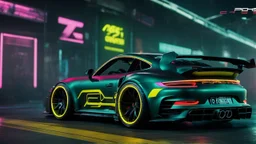 Porsche 991 ultimate tuning Mansory Cyberpunk 2077 neon Style Rear View, Super Detailed, desktop wallpaper, 4K