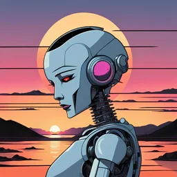 sad robot in front of a sunset in the style of Patrick Nagel