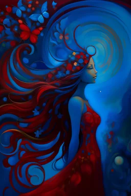A captivating abstract painting featuring a stylized female figure with cascading, flowing hair, who gazes upwards towards a celestial night sky. The woman's silhouette is adorned with a stunning butterfly accessory in her hair, adding an enchanting touch to the composition. The backdrop is a vivid blend of deep blues and reds, illuminating the dreamy, fantastical atmosphere. A crescent moon and a few twinkling stars are visible, while a tree with delicate pink flowers graces the left side. On t