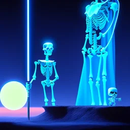 The Grim Reaper and the Skeleton in Tron world, discussing the future of the universe, art by Magritte and Pixar