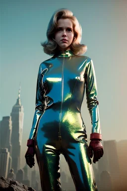 Ultra Realistic retro sci-fi portrait New York image from 1960, sky spaceships, sweet young Jane Fonda, tight latex suit, weapon, fighting stance, soft color, highly detailed, unreal engine 5, ray tracing, RTX, lumen lighting, ultra detail, volumetric lighting, 3d, finely drawn, high definition, high resolution.